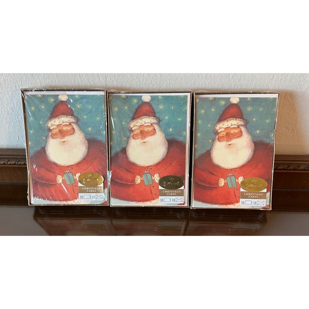 3 Vintage Hallmark Modern Folk Art Santa Holiday Boxed Cards 18β w/ Envelopes